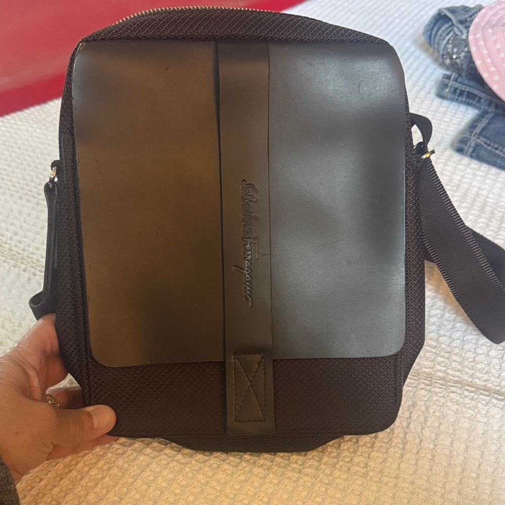 Salvatore Ferragamo Dark Brown Leather-Front Messenger Bag
